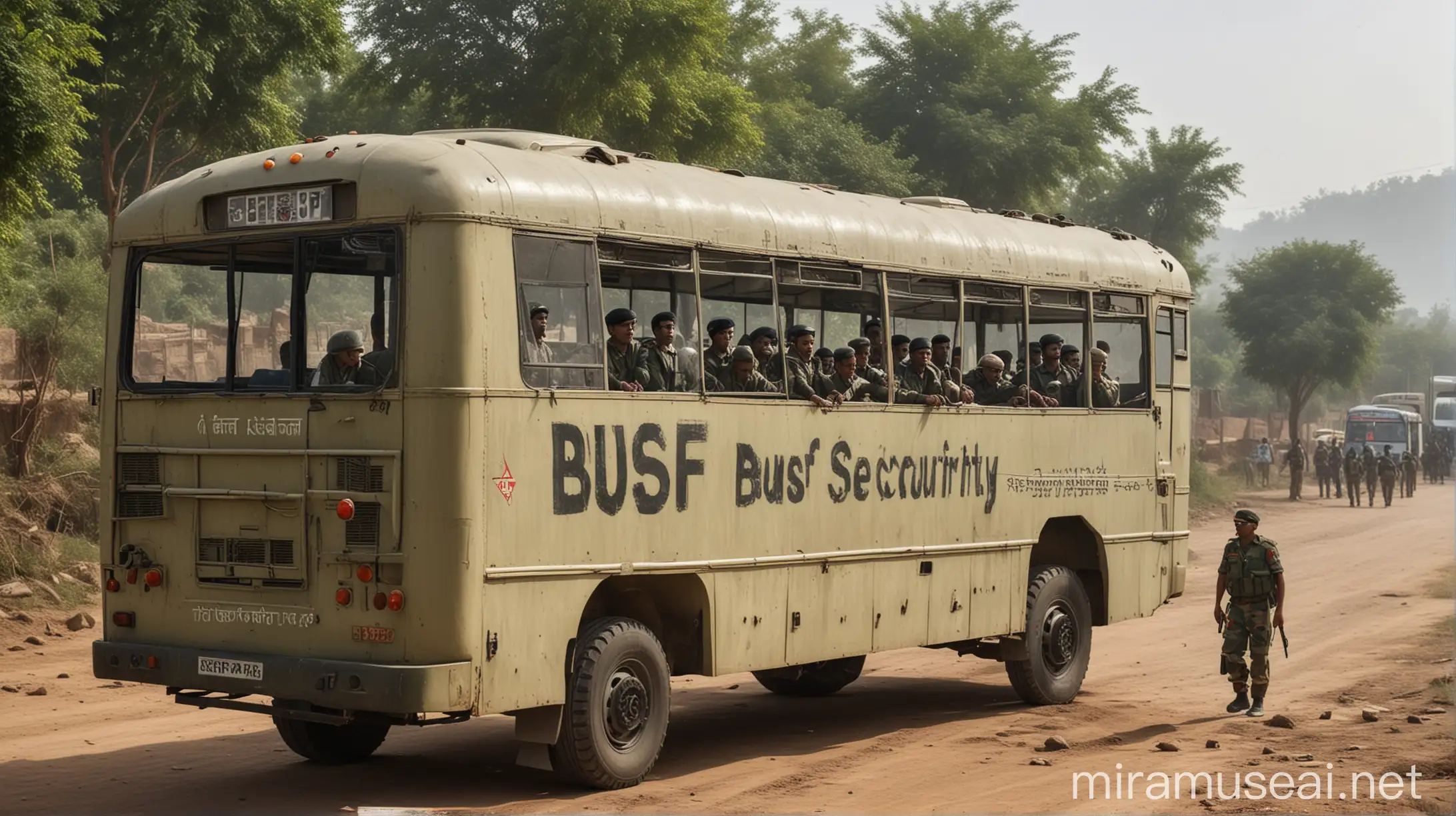 realistic ai image: bus of border security force, write 'bsf' on bus, village scene