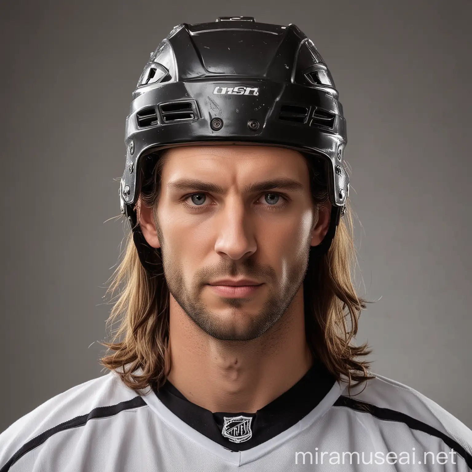 long male hair in a hockey helmet