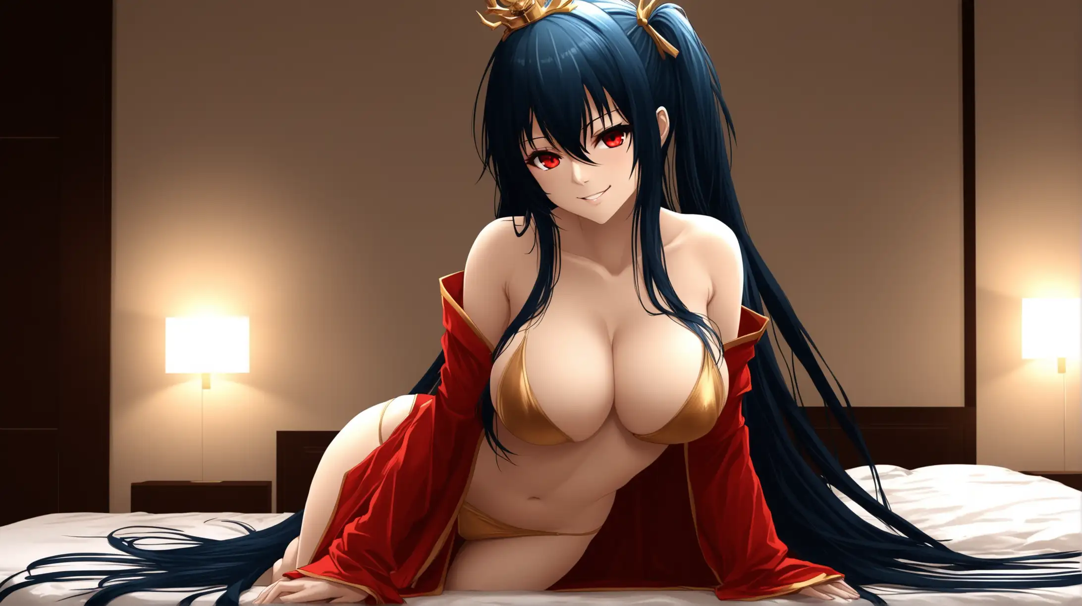 Draw the character Taihou from Azur Lane, long hair, red eyes, ambient lighting, long shot, indoors, bedroom, seductive pose, revealing, relaxed outfit, smiling at the viewer