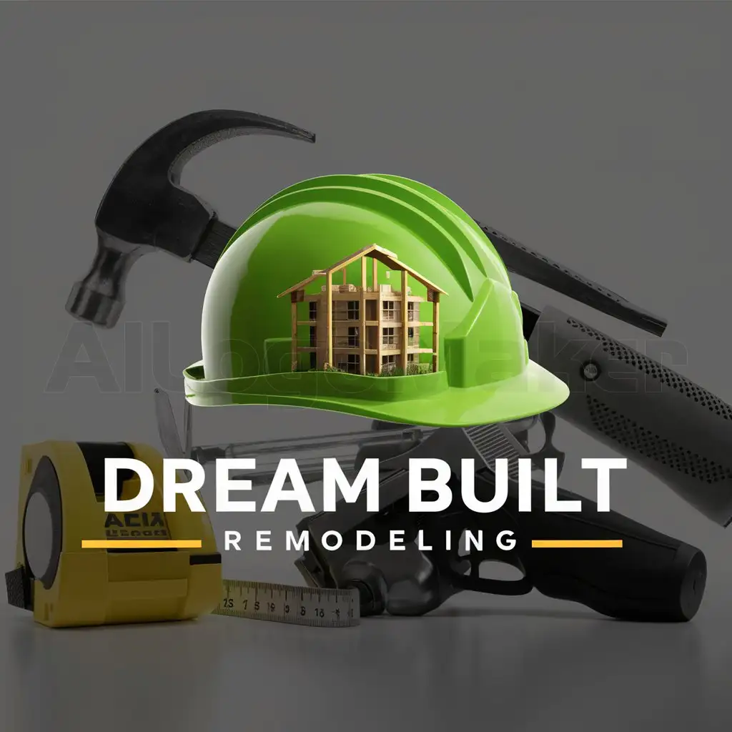 LOGO-Design-For-Dream-Built-Remodeling-Vibrant-Green-Safety-Helmet-with-Building-Silhouette-and-Construction-Tools