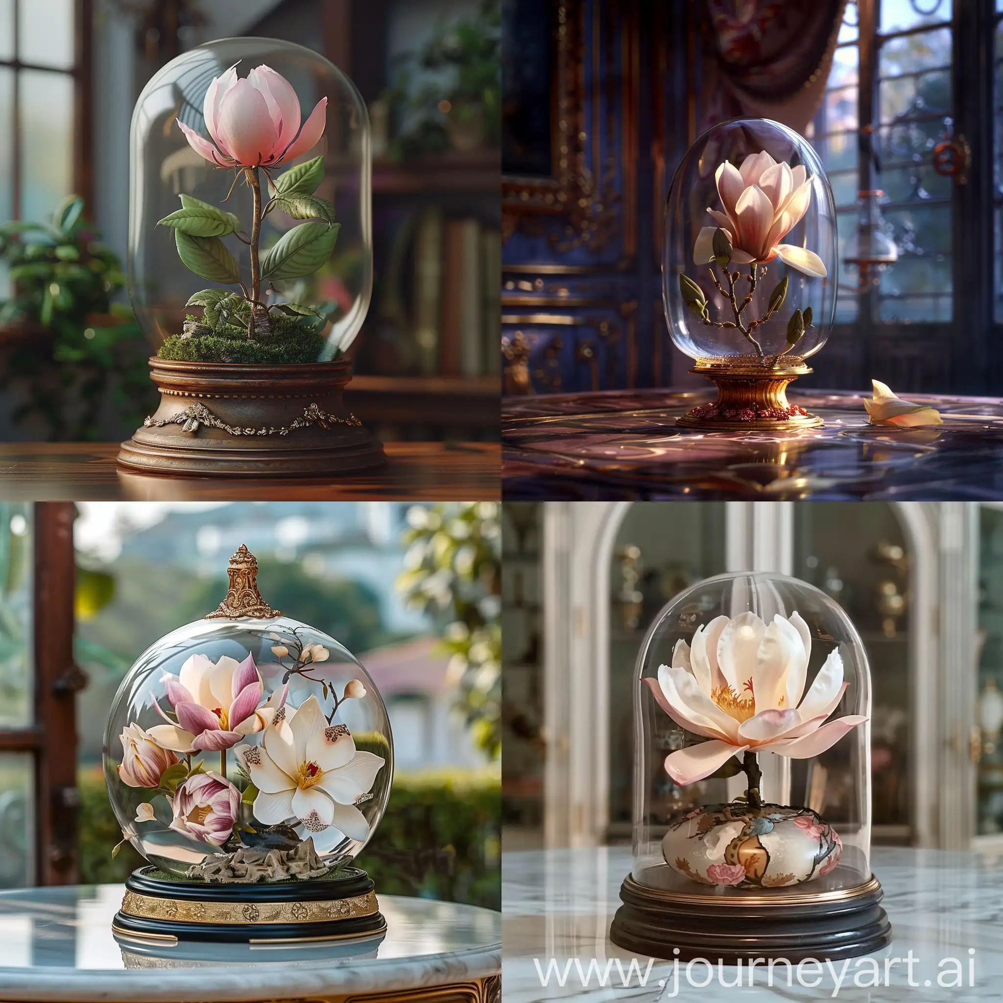 Real and very eye-catching photo of a very beautiful and attractive flower grown in a dome-shaped glass (medium glass size) with a beautiful base, the flower inside the glass is a little smaller than the glass, matte background in a beautiful royal house, morning , masterpiece, beauty in every sense, very realistic, many details, professional photography, (real), dreamy, flowers and glass like the movie Devil and Lovely