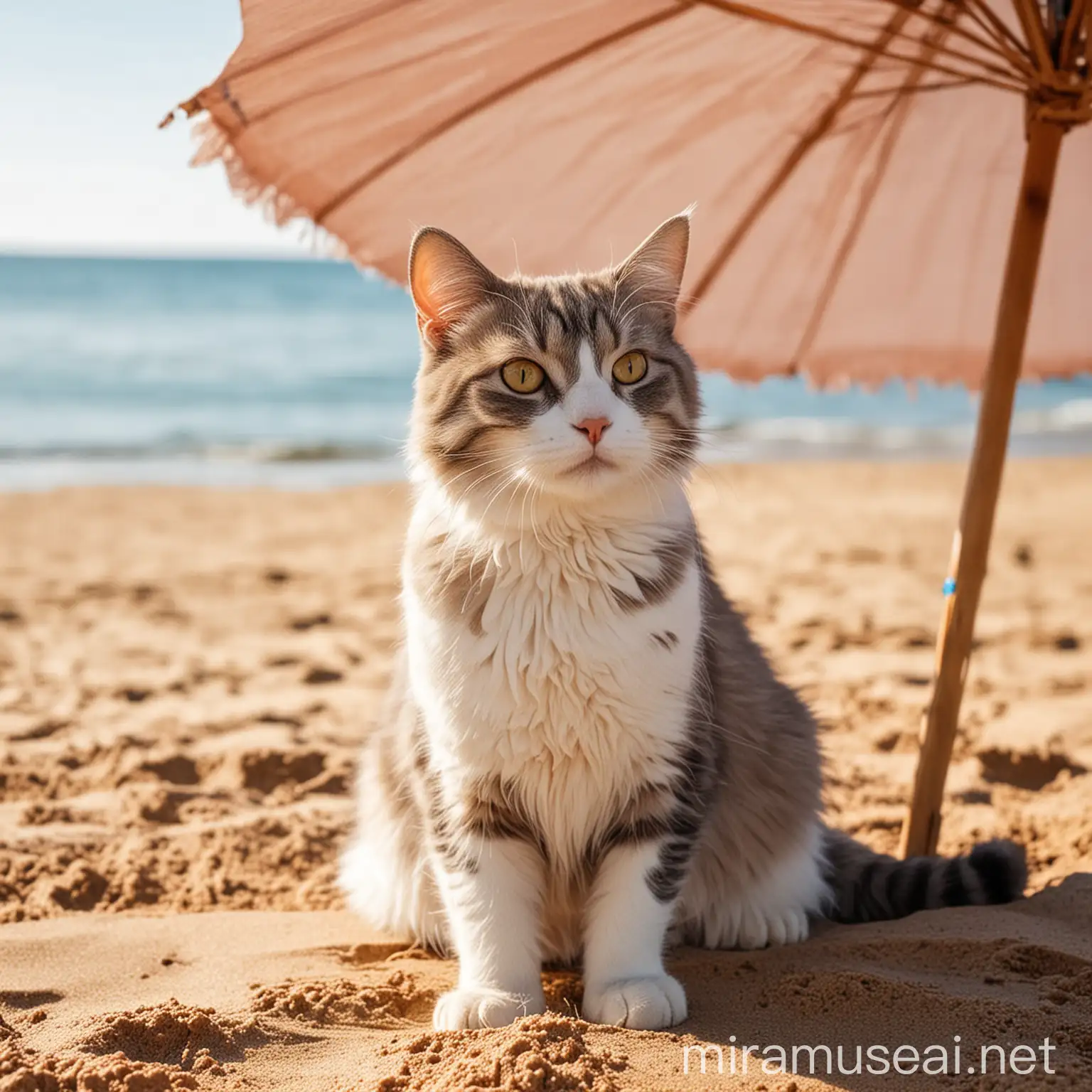 Красивая кошка сидит на пляже на песке под солнечным зонтиком