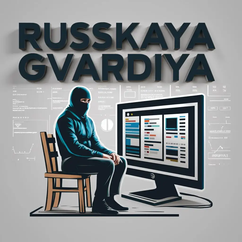 a logo design,with the text "Russkaya gvardiya", main symbol:Man in balaclava sits on chair near monitor with applications depicted,Moderate,clear background