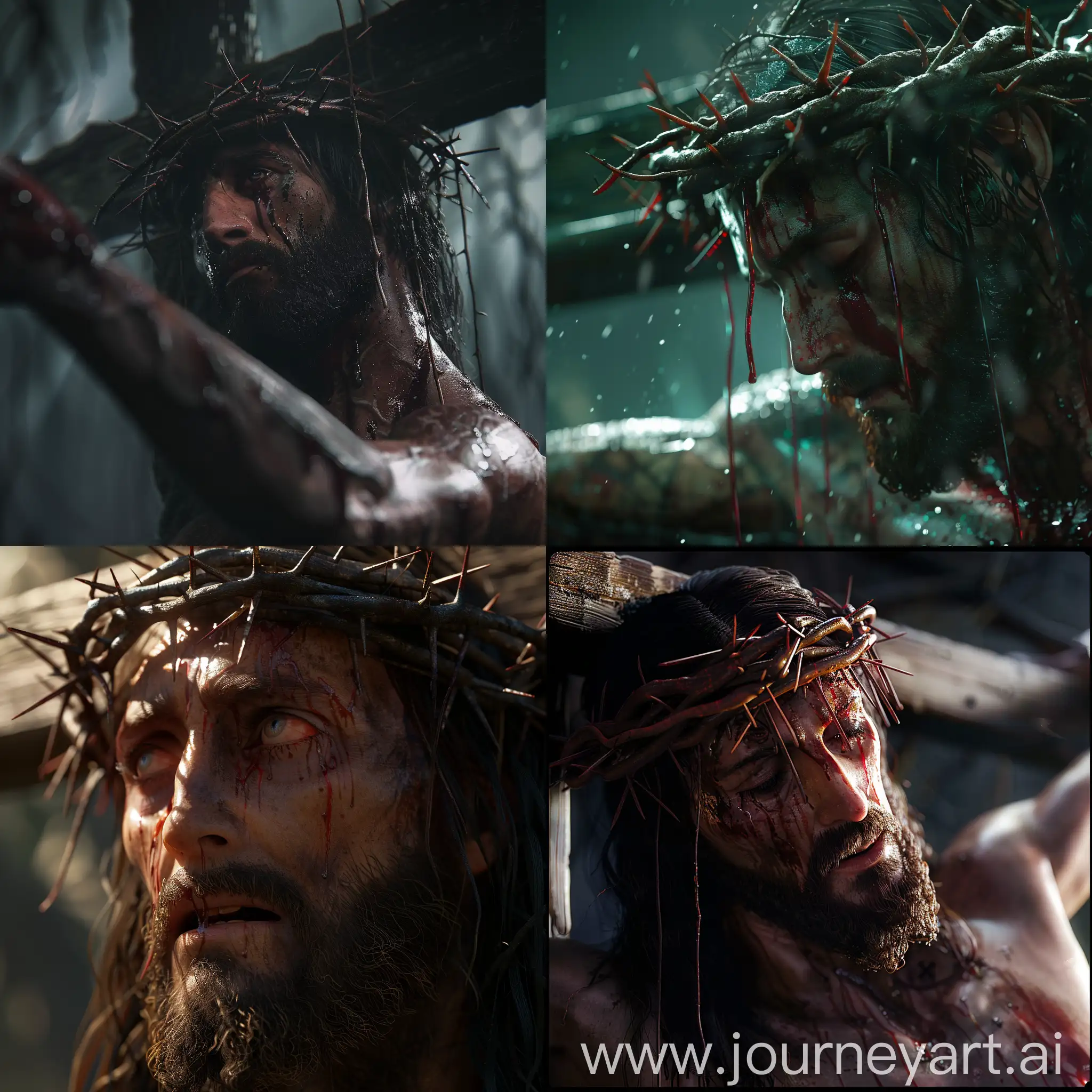 Jesus hanging on the cross with a crown of thorns, cinematic, detailed, ultra realistic, 8K.