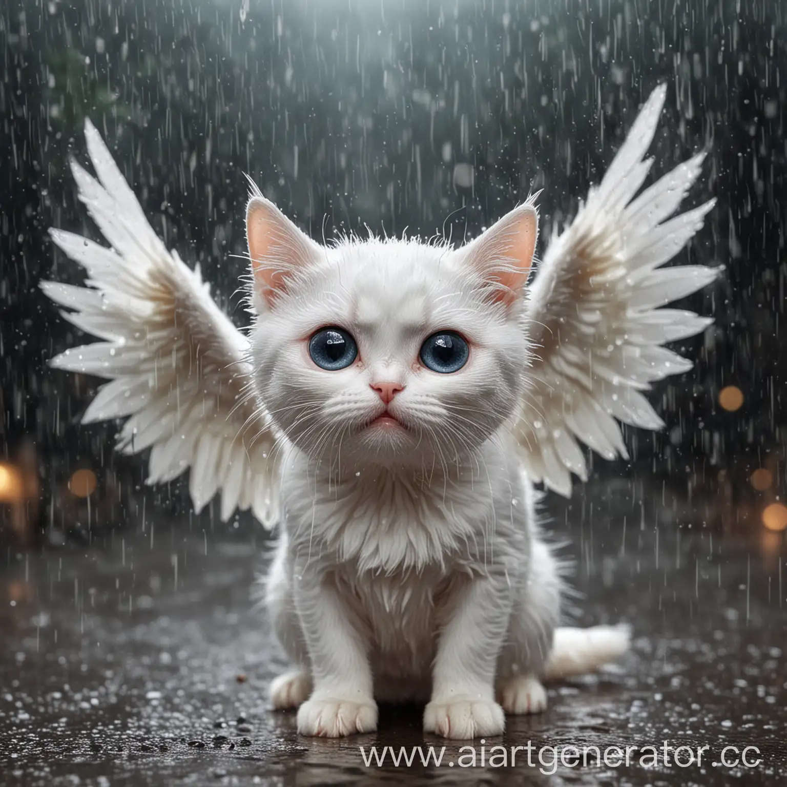  Маленький Белый кот с крыльями плачет под дожлём