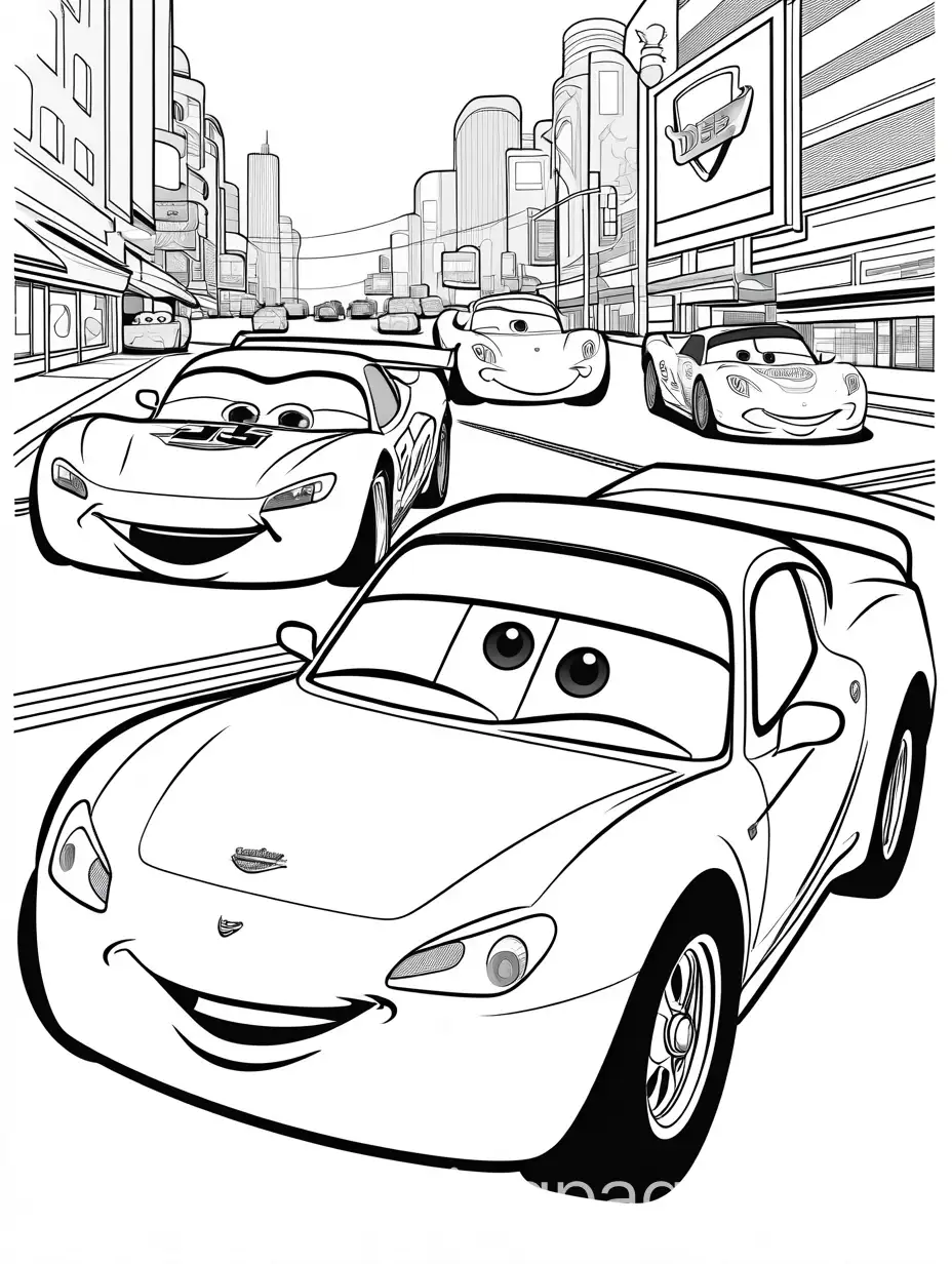 disney cars , Coloring Page, black and white, line art, white background, Simplicity, Ample White Space. The background of the coloring page is plain white to make it easy for young children to color within the lines. The outlines of all the subjects are easy to distinguish, making it simple for kids to color without too much difficulty