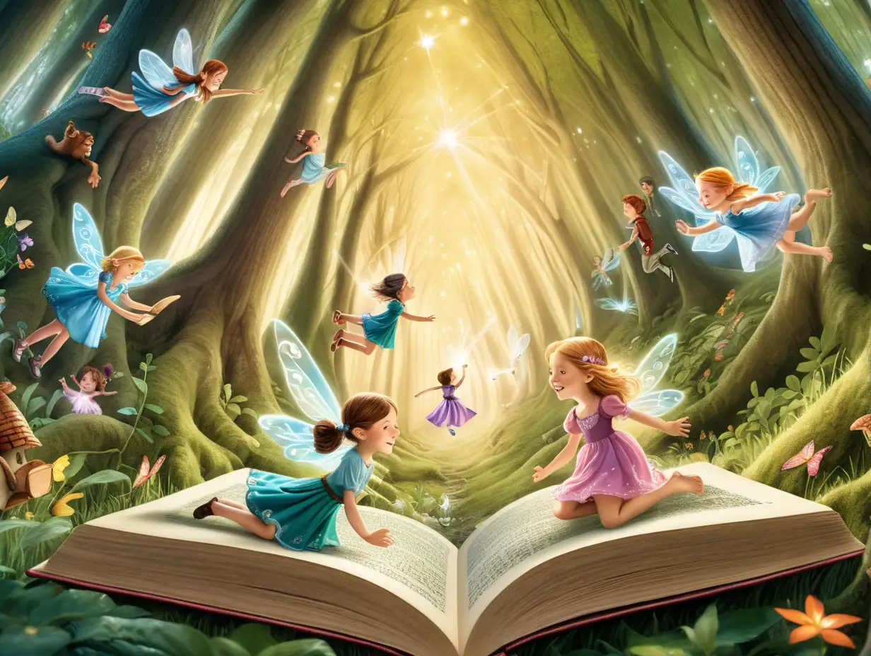 Children in a fairytale book flying through a fairy filled forest 