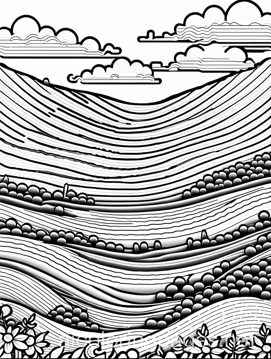 pixel art coloring book style landscape with only major lines and only BLACK or WHITE that has NO color NO interior lines NO texturing NO shading NO shadowing, Coloring Page, black and white, line art, white background, Simplicity, Ample White Space. The background of the coloring page is plain white to make it easy for young children to color within the lines. The outlines of all the subjects are easy to distinguish, making it simple for kids to color without too much difficulty