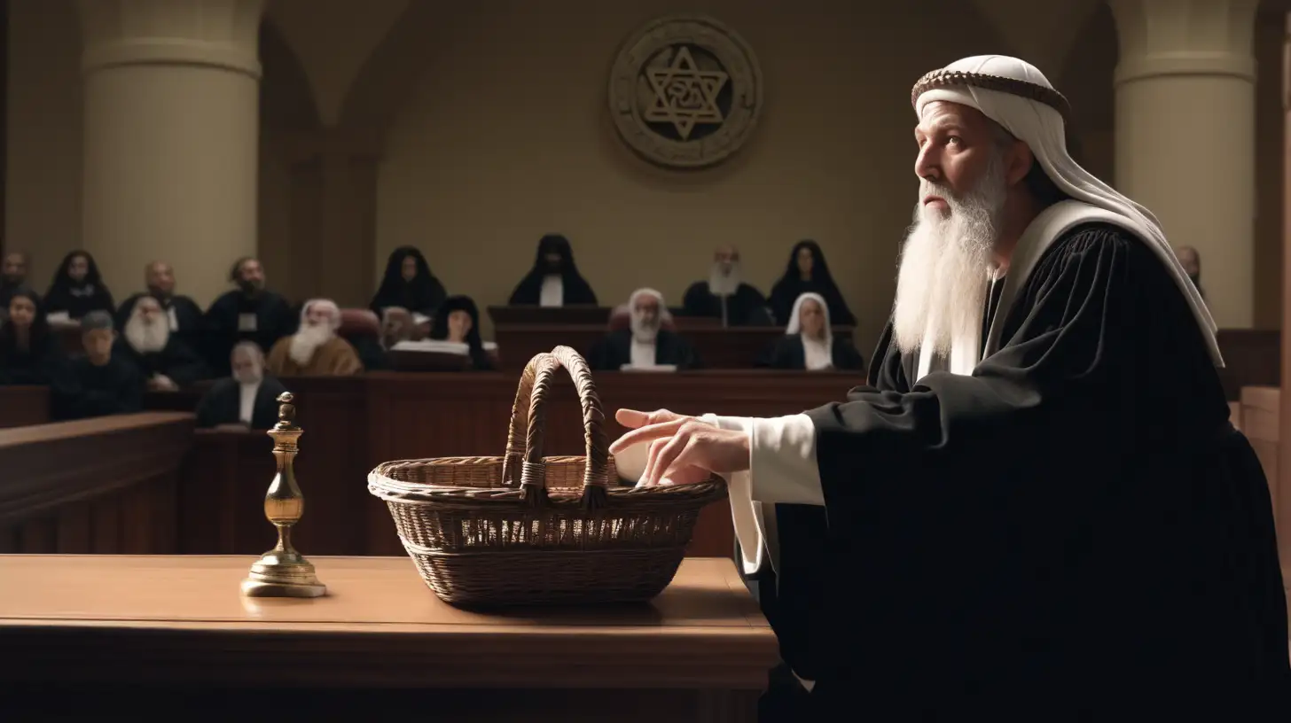 epoque biblique, un juge hébreu dans un tribunal, sur sa table un petit panier en osier est posé devant lui