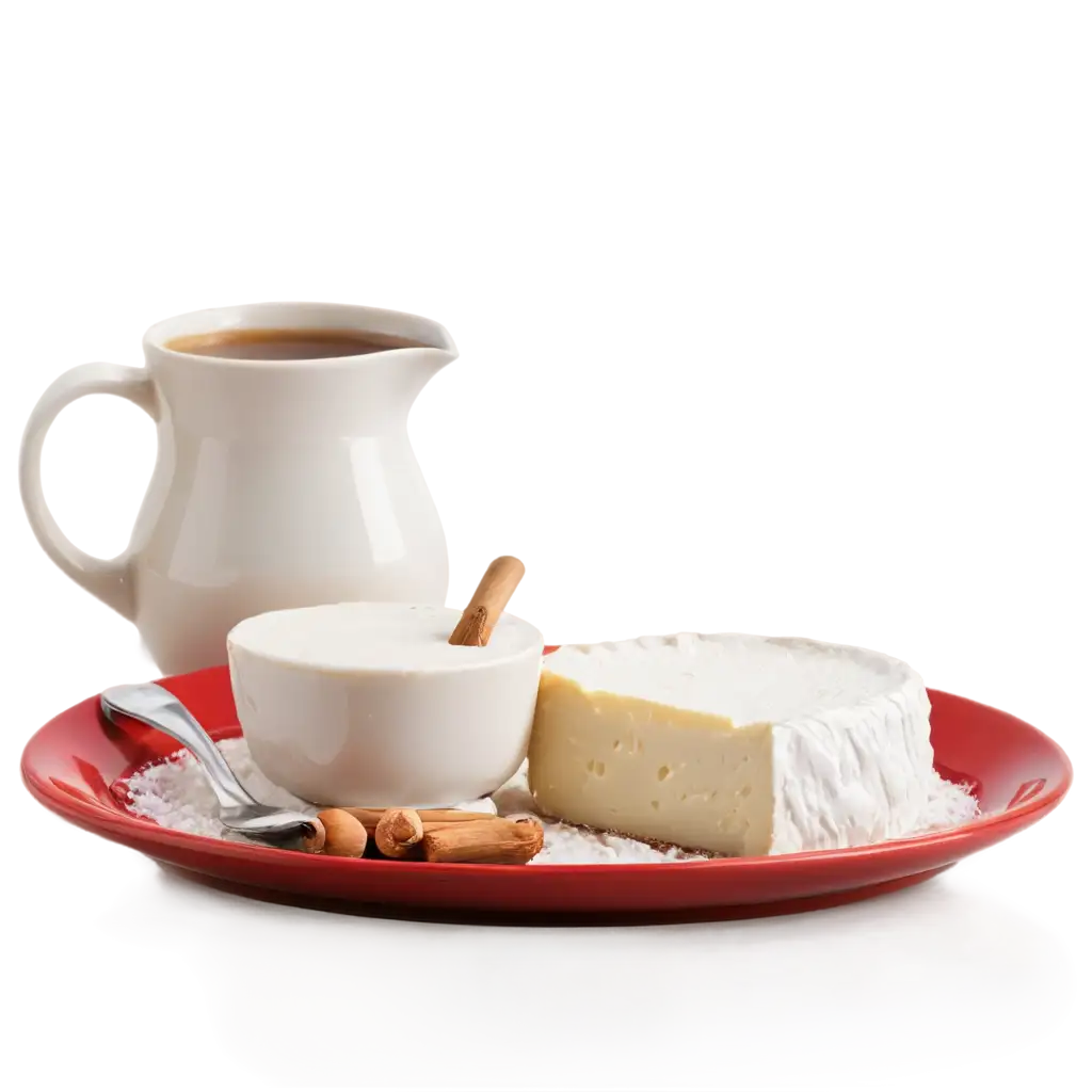 The image features a perfectly round and creamy camembert cheese, without its box, placed on a white and red cloth, evoking a rustic ambiance. Next to the camembert sits a cup of cow's milk, freshly poured and steaming. In the background, a soft and peaceful silhouette of a cow, symbolizing the dairy origin of the cheese, completes the scene. The entire composition is set against a white background, highlighting the purity and simplicity of the ingredients.