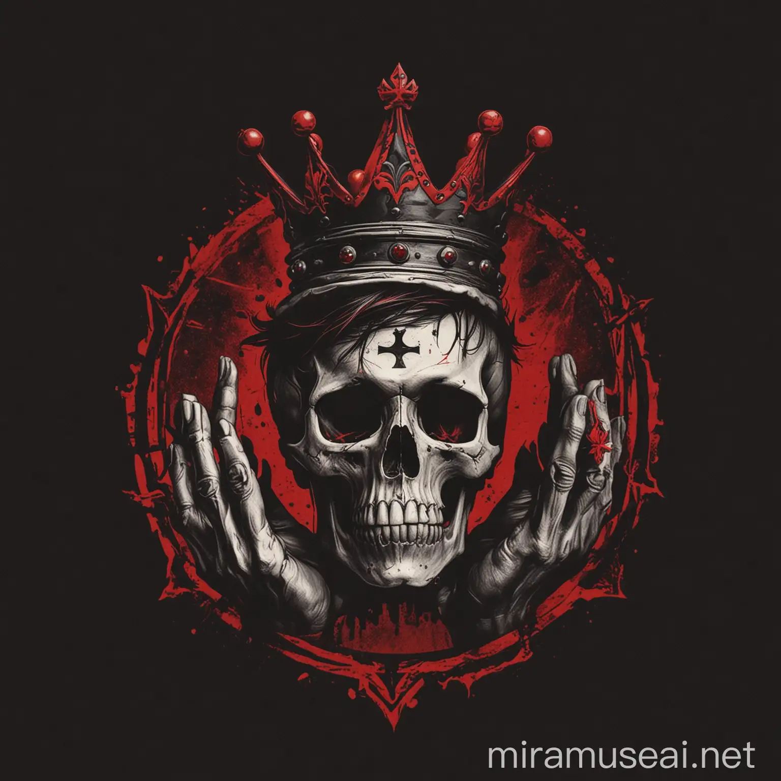 Ein Logo mit schwarzer hand, einen totenkopf und krone als logo in schwarz rot