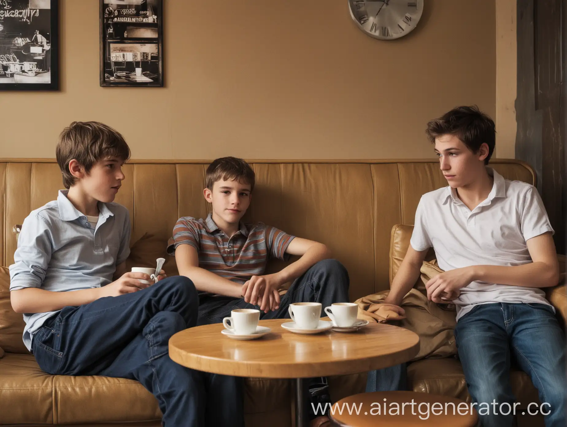 В кафе, на диване сидят три мальчика-подростка  лет, а напротив них 2 мужчины.