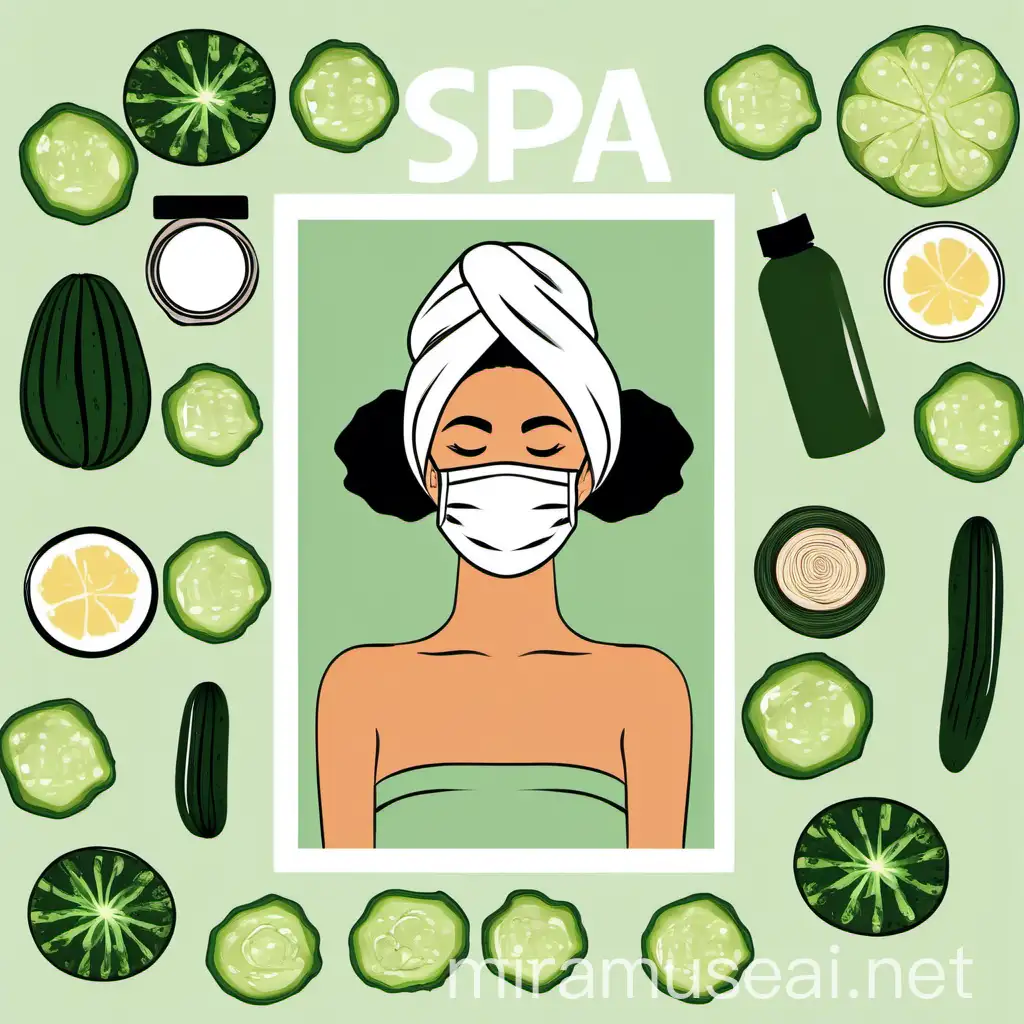 artsy spa day print with cucmbers, products, face masks