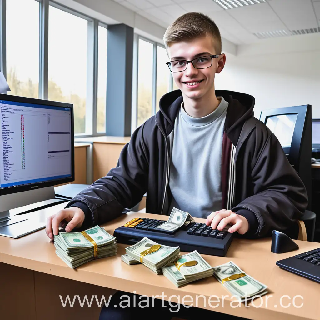 Студент экономического факультета с деньгами и компьютером в банке  