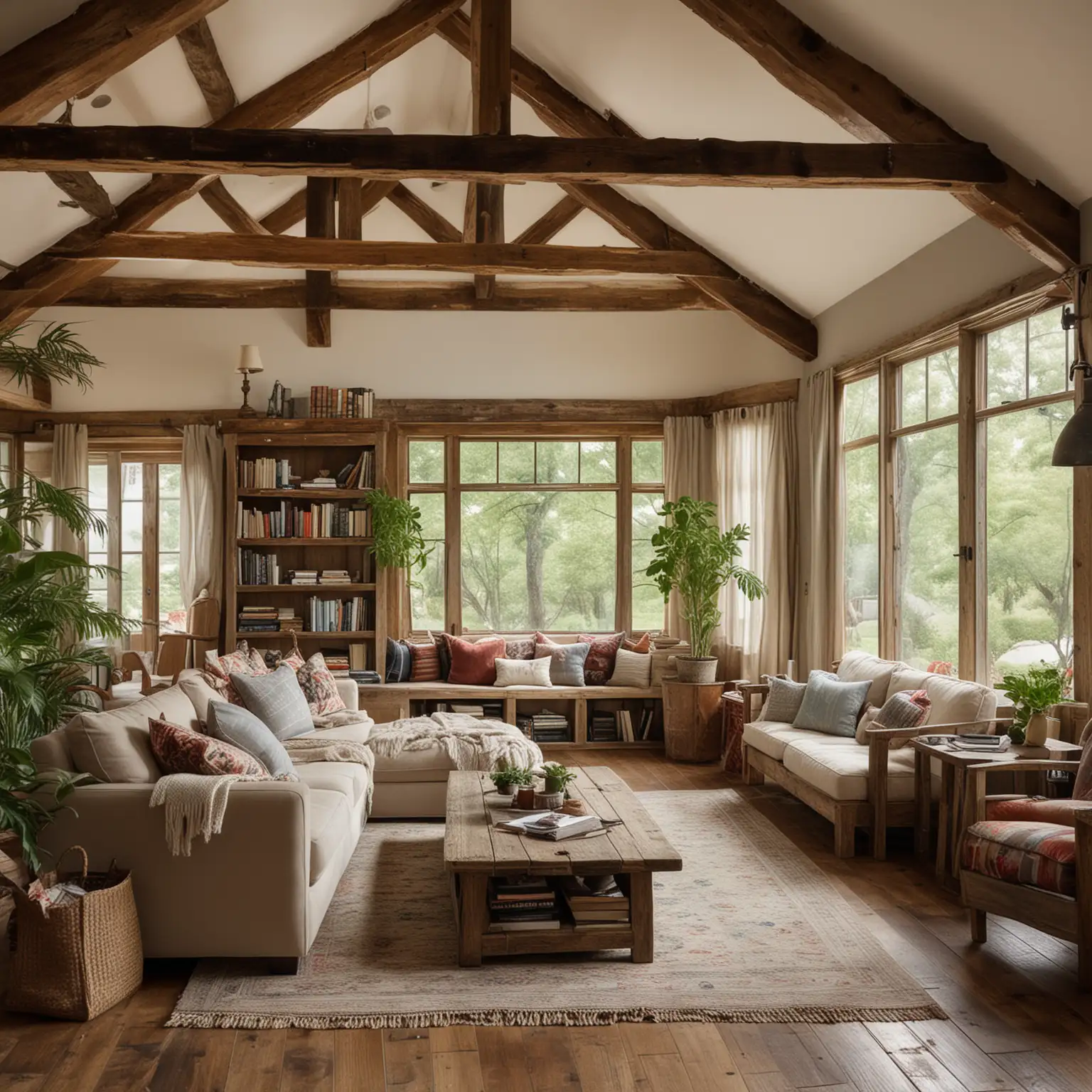 Generate a wide shot of a rustic open-concept living space with exposed wooden beams and wide plank wooden floors. Incorporate a comfortable seating area with a fabric sofa, a distressed wood coffee table, and a mix of patterned cushions. Add a large, reclaimed wood bookshelf filled with books, decorative items, and indoor plants. Ensure natural light floods the room through large windows, complemented by warm, ambient lighting.