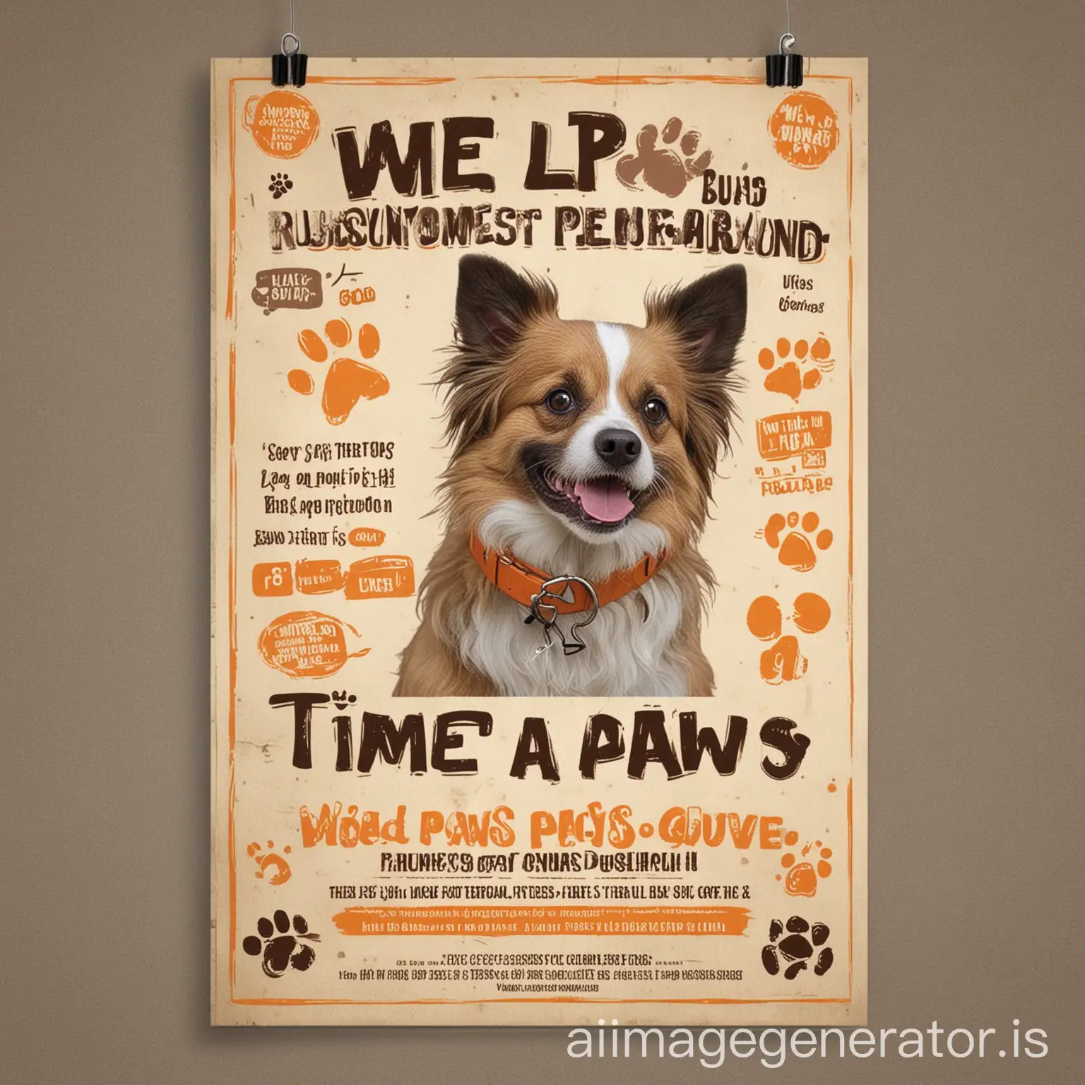 create a poster flyers for posting for our business time paws a dog playground where owners and dogs are able to have fun, put some word of encouragement for them to visit the playground