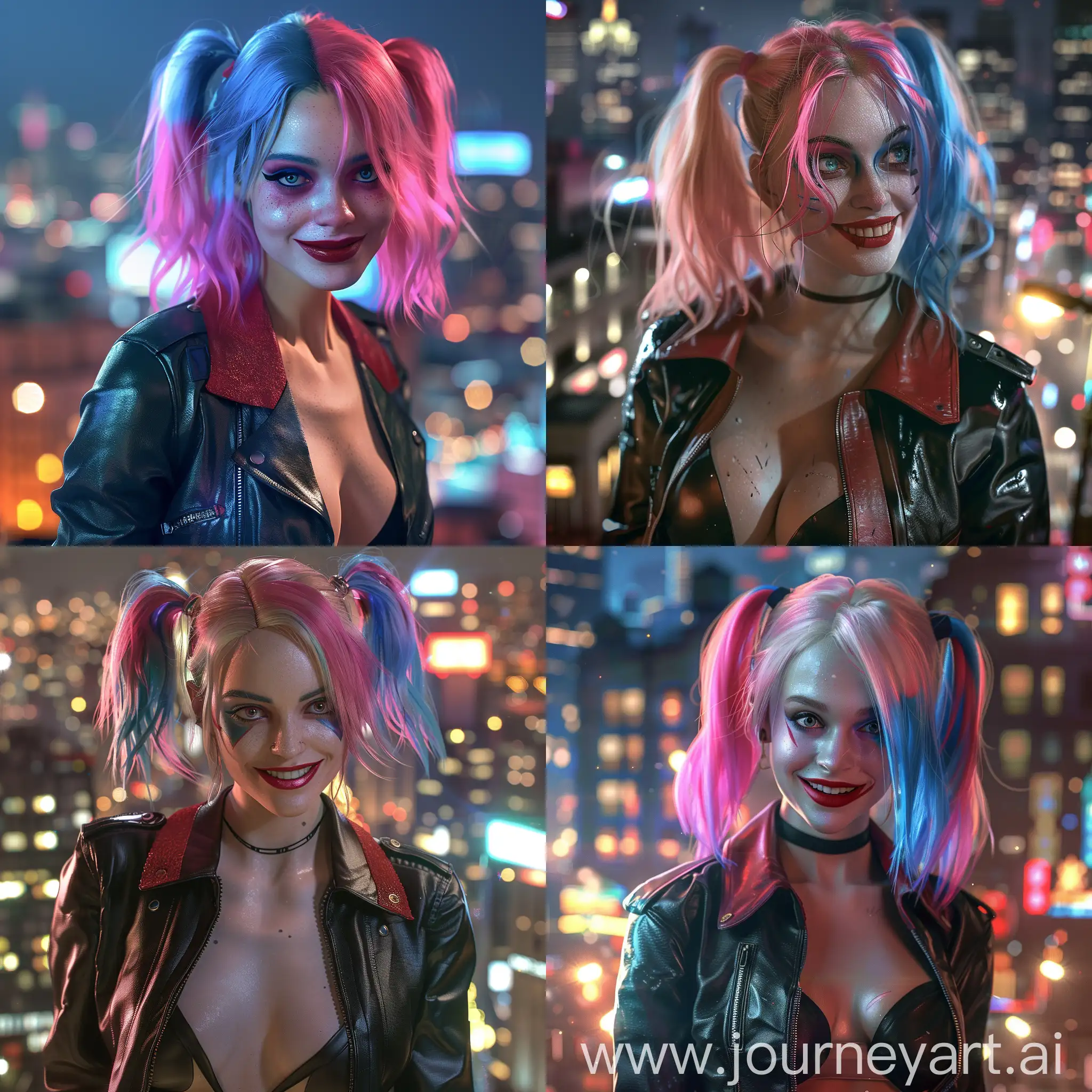 Hyper realistic photo of Harley Quinn in the city. She has pink and blue hair, a black leather jacket with a red collar, and a tight body suit underneath. She is smirking at the camera with city lights behind her and cinematic lighting like a movie scene.