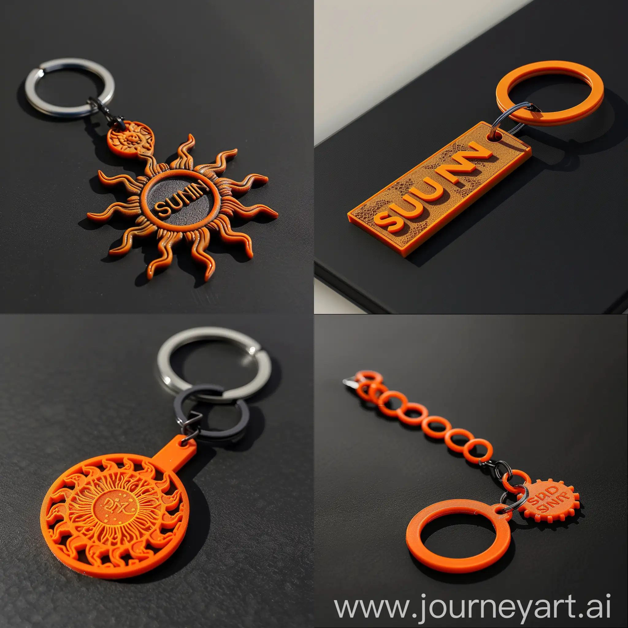 orange keychain on a black background with the inscription sun
2D