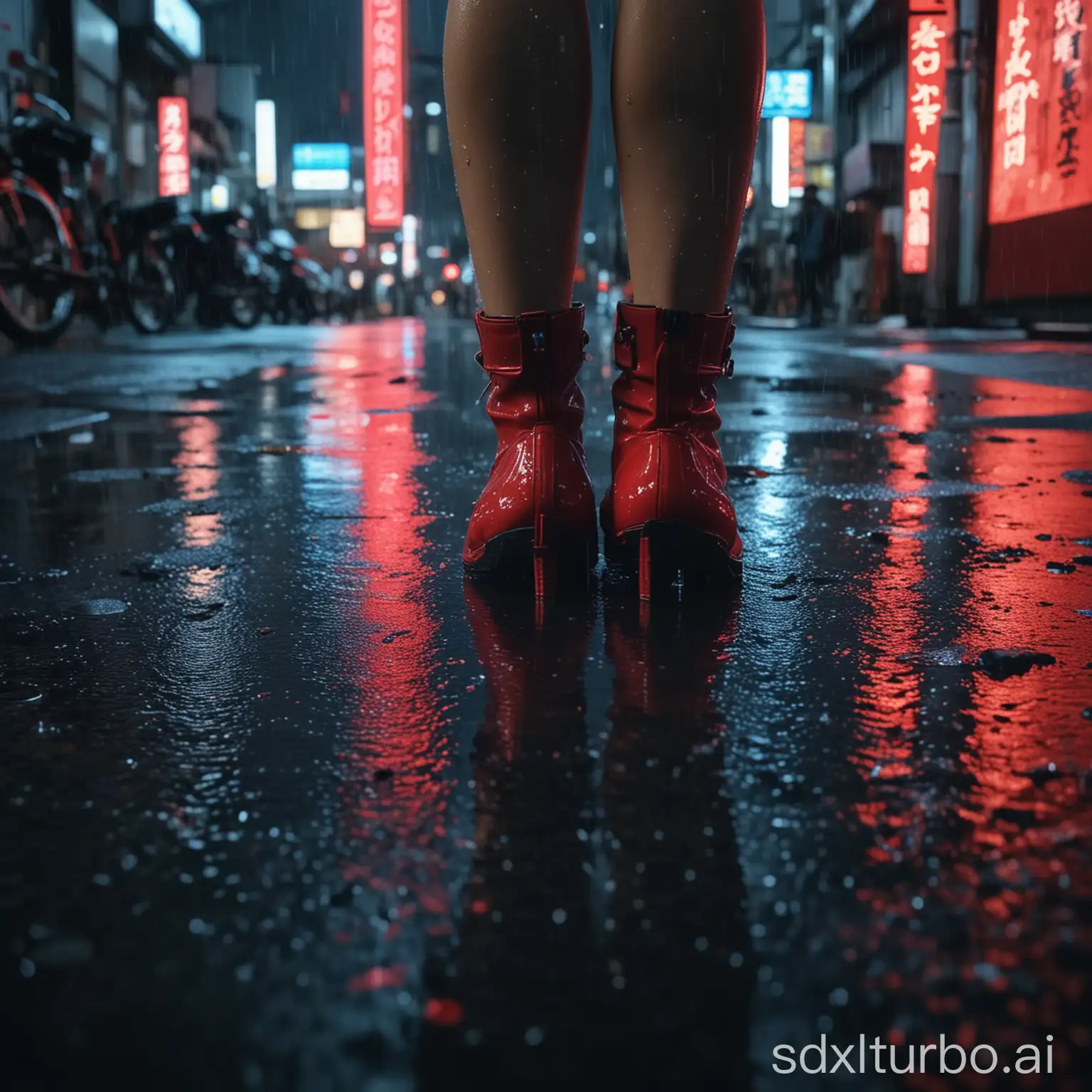 Still from a movie, low angle view of beautiful legs, cyberpunk neons in red and blue, neons reflecting in puddles of water, Tokyo city street raining, neons, raining in the city, alone in the street. GENDRE: Drama DIRECTOR: Hirokazu Kore-eda. COLOR: Red and blue, satured, ASPECT RATIO: 1.85 - Spherical, Super 35 format: Film - 35mm, FRAME SIZE: Extreme wide SHOT, TYPE: 2 shot, Establishing shot LENS SIZE: Wide COMPOSITION: Center LIGHTING: Shot light, in Japan, Tokyo