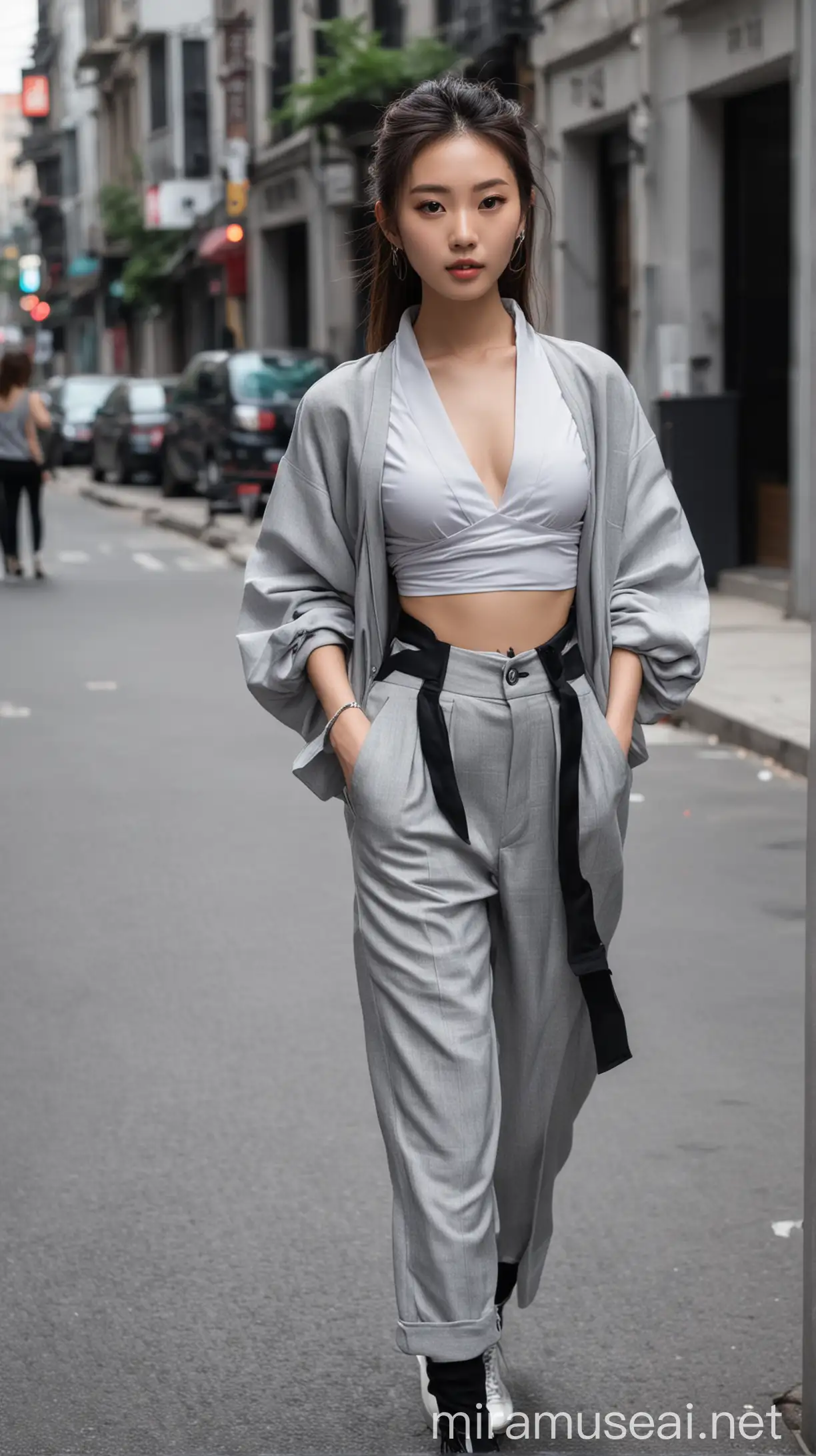 20岁中国美女，完美的身材，穿着国际服装设计师的衣服，灰黑色的街道。
