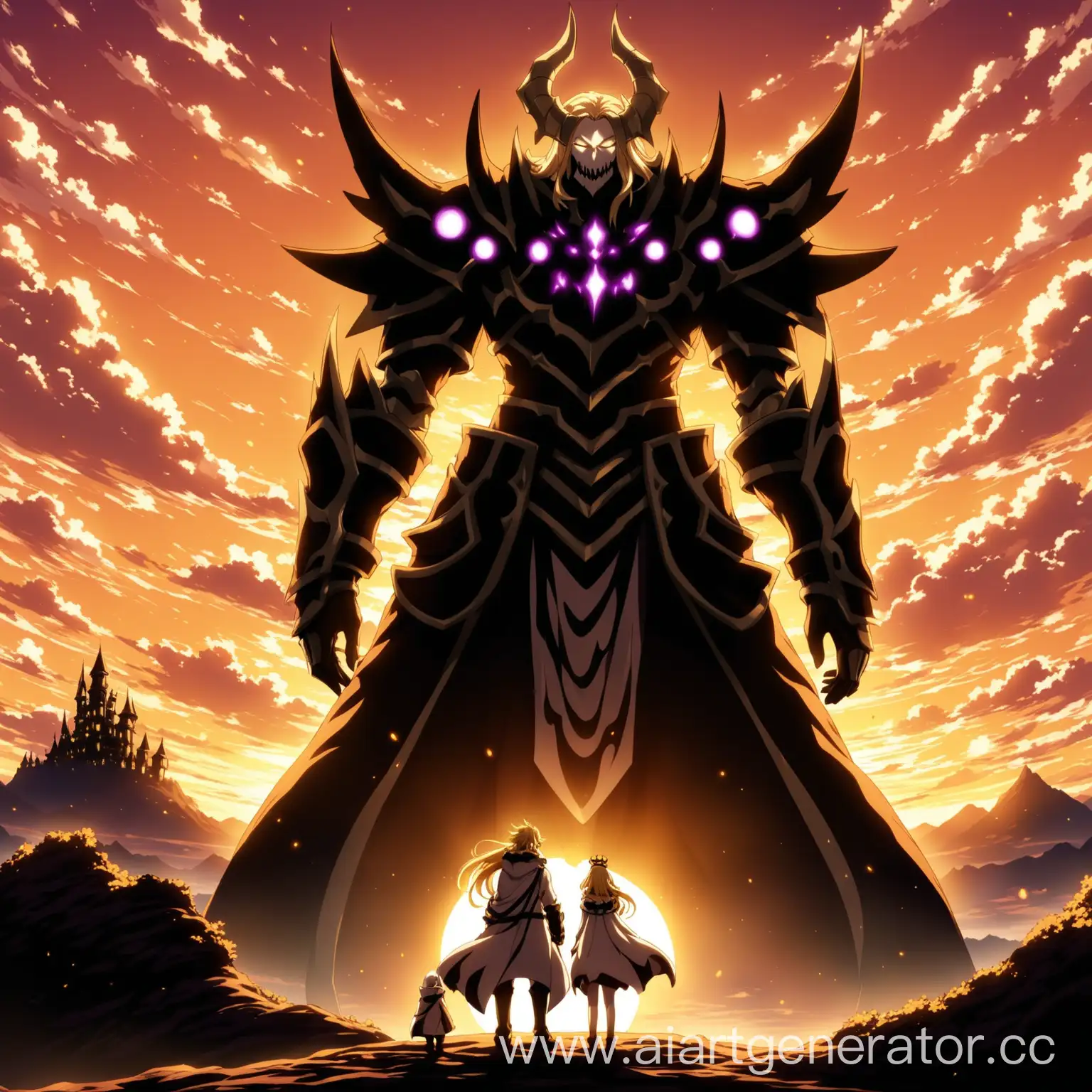 Оверлорд, Альбедо и Шалтир персонажи аниме Overlord стоят на вершине Нназарика и смотрят на закат
