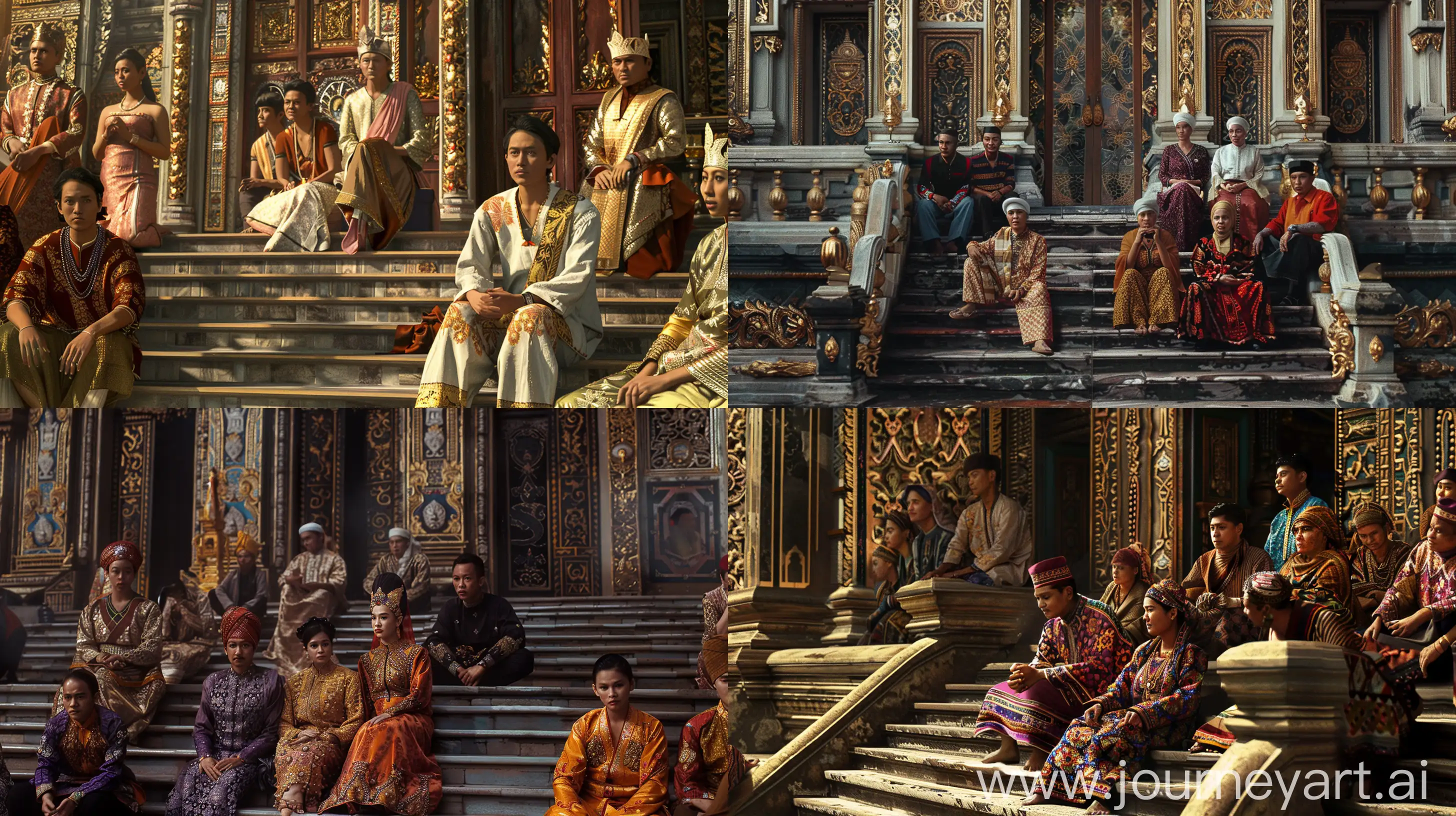 A group of people were seen sitting on the stairs. They wore traditional clothes from the Mataram kingdom. The background features ornate walls and doors. super realistic, nice detail, --v 6 --ar 16:9