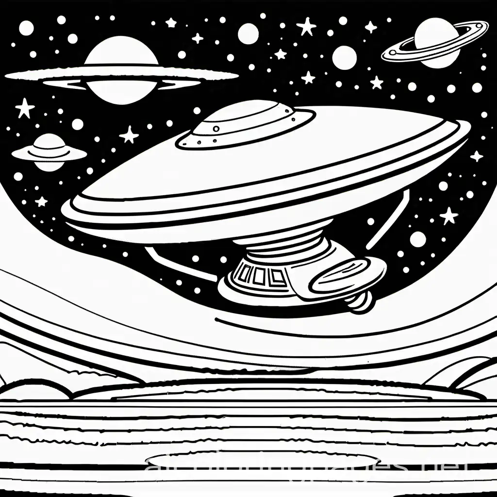 alien piloting a flying saucer
, Coloring Page, black and white, line art, white background, Simplicity, Ample White Space. The background of the coloring page is plain white to make it easy for young children to color within the lines. The outlines of all the subjects are easy to distinguish, making it simple for kids to color without too much difficulty