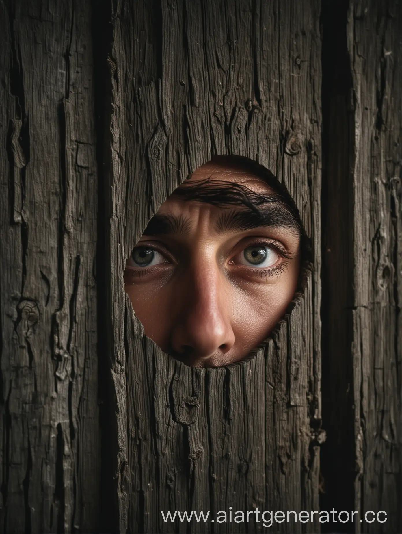 Darkly-Lit-Mans-Eye-Peeking-Through-Wooden-Fence-Gap