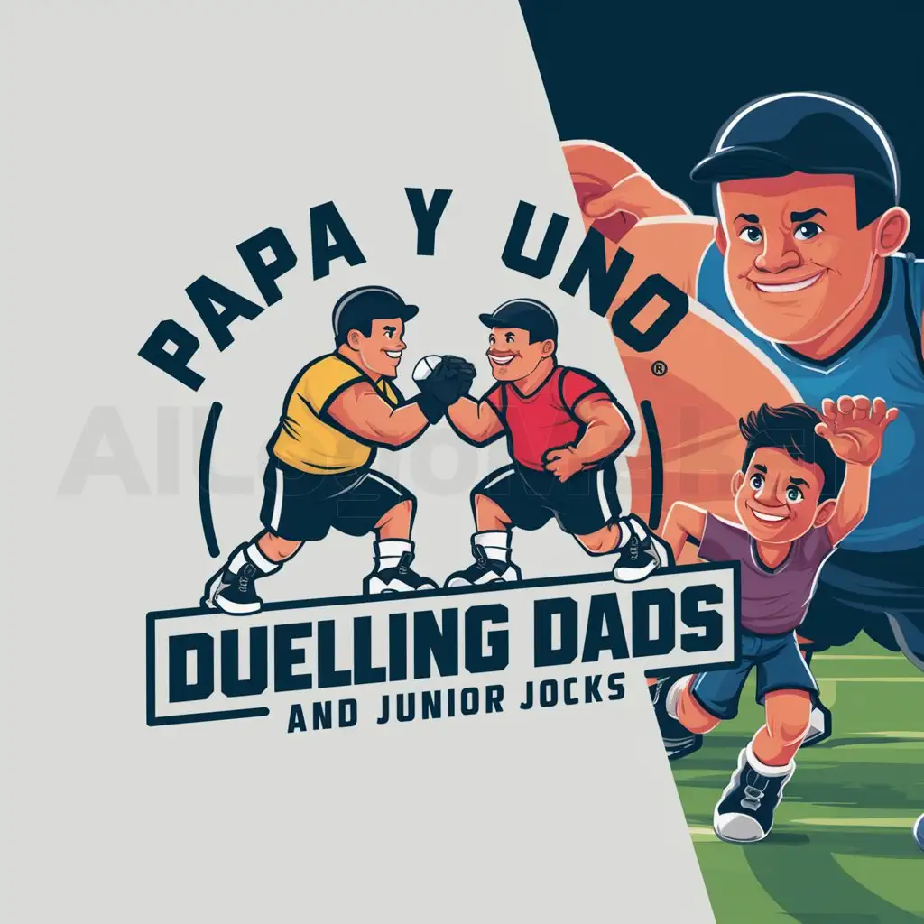 a logo design,with the text "Papa Y Uno, Dueling dads and Junior Jocks", main symbol:Dueling dads and Junior Jocks,Moderate,clear background