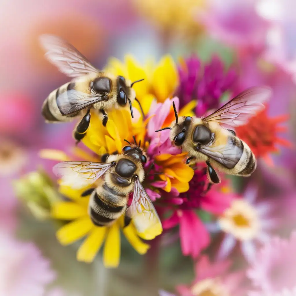 Bees Buzzing Around Colorful Spring Flowers