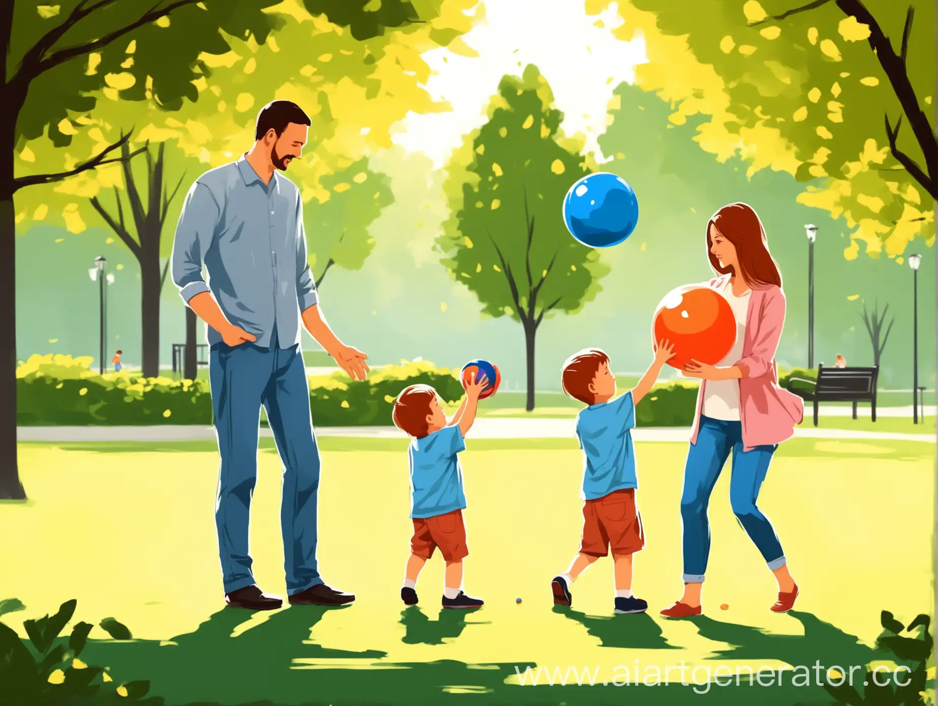 Mom, dad, little son and daughter play with a ball. Art picture. Neighbours. Park