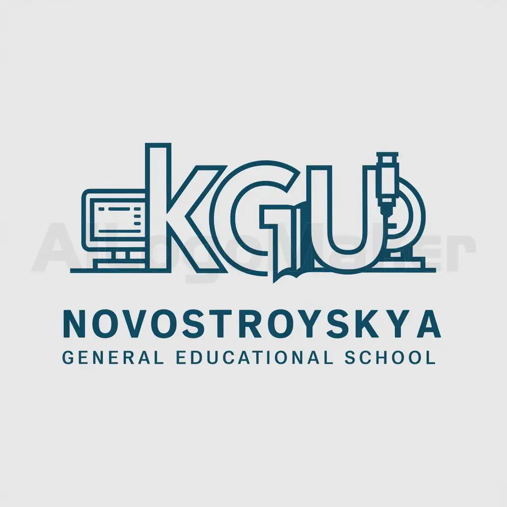 a logo design,with the text "KGU 'Novostroyskaya general educational school'", main symbol:Logotype of school, so there was a computer, microscope, book,Moderate,clear background