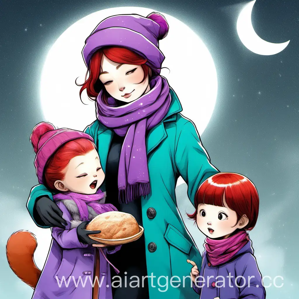 Woman-in-Purple-Hat-Feeding-Girl-and-Cat-with-Unique-Attire