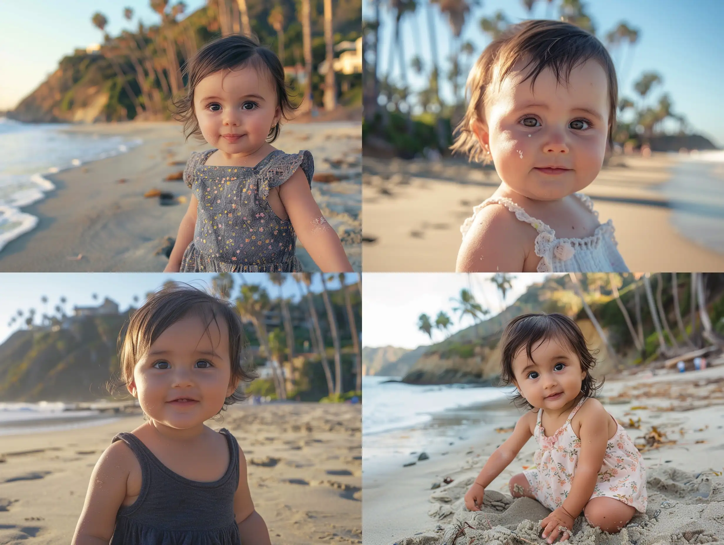 Stunning baby girl with sun-kissed skin on sandy Malibu beaches, palm trees and ocean waves, dark pixie hair, architecture, realism, 4D cinema, panoramic perspective, muted colors, jungle, mirrorless camera, cinematic lighting, love, -- 9:16