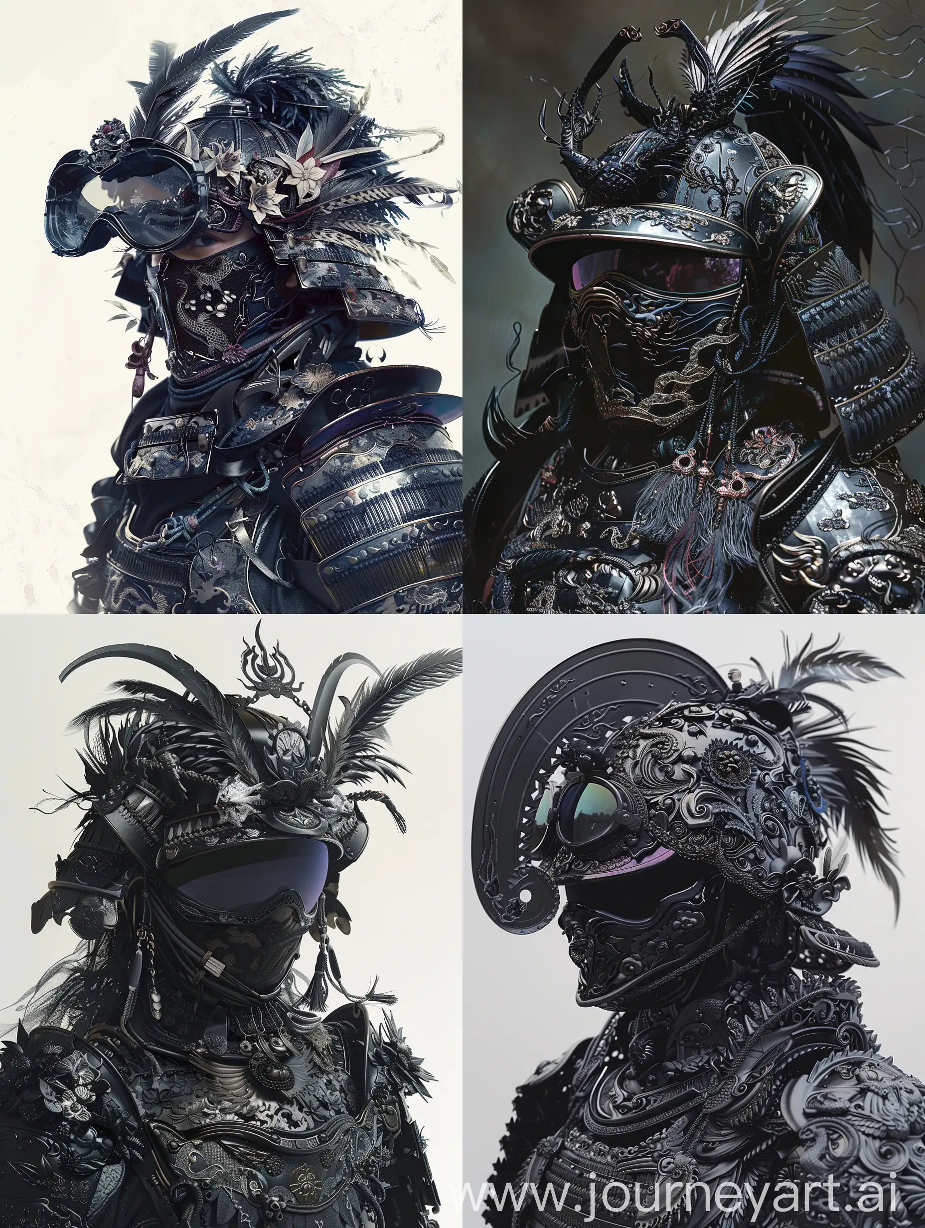 A highly detailed and ornate samurai warrior wears an elaborate suit of armor in various shades of black. The helmet features intricate decorations with feathered and floral elements, a large, curved crest, and detailed embellishments. The mask and armor plates are adorned with delicate patterns, including and dragons, and the samurai's face is partially hidden behind tinted goggles. The overall color scheme is predominantly black, creating a visually striking and unique look. The armor gleams as if it were brand new."