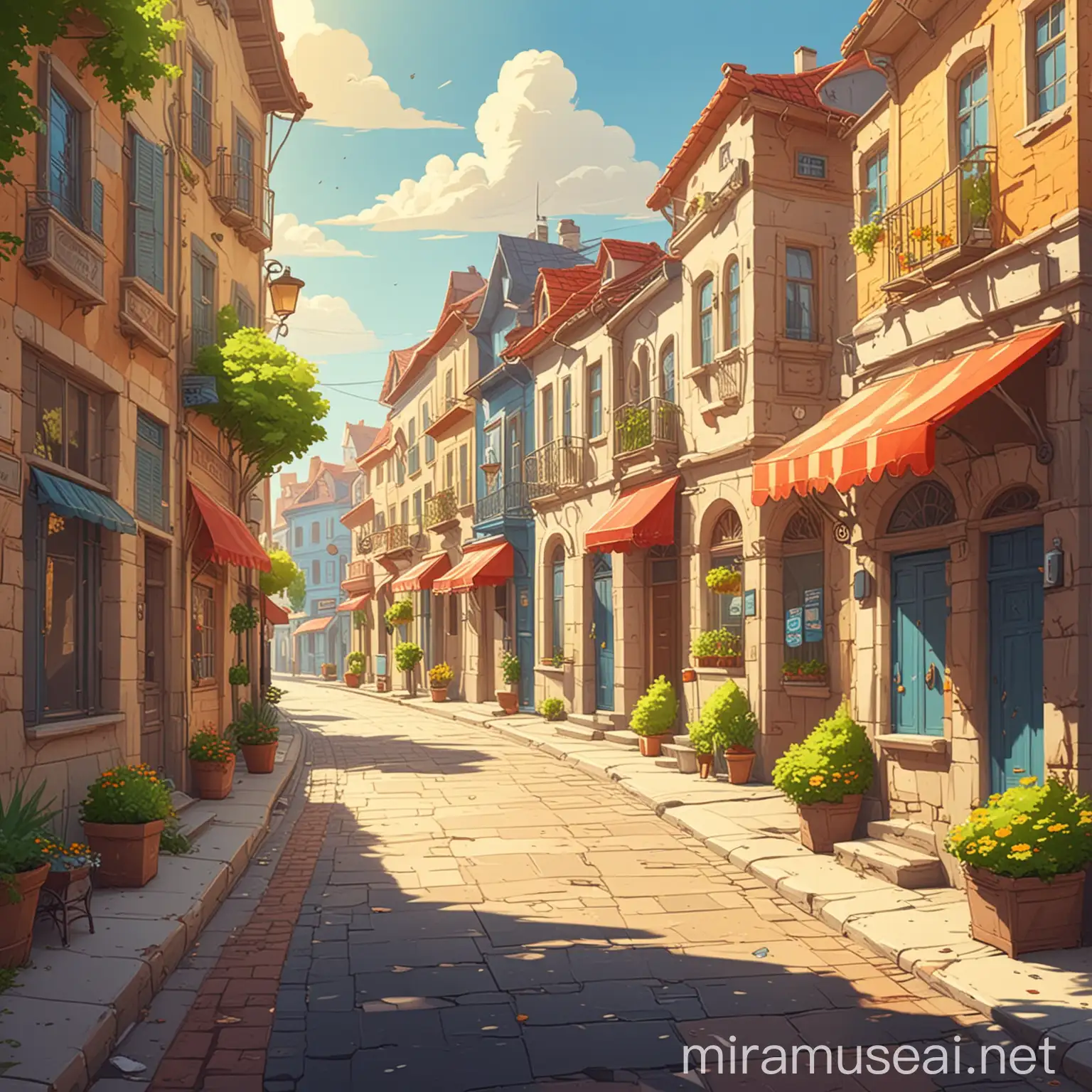 2D cartoon beautiful street, sunny day
