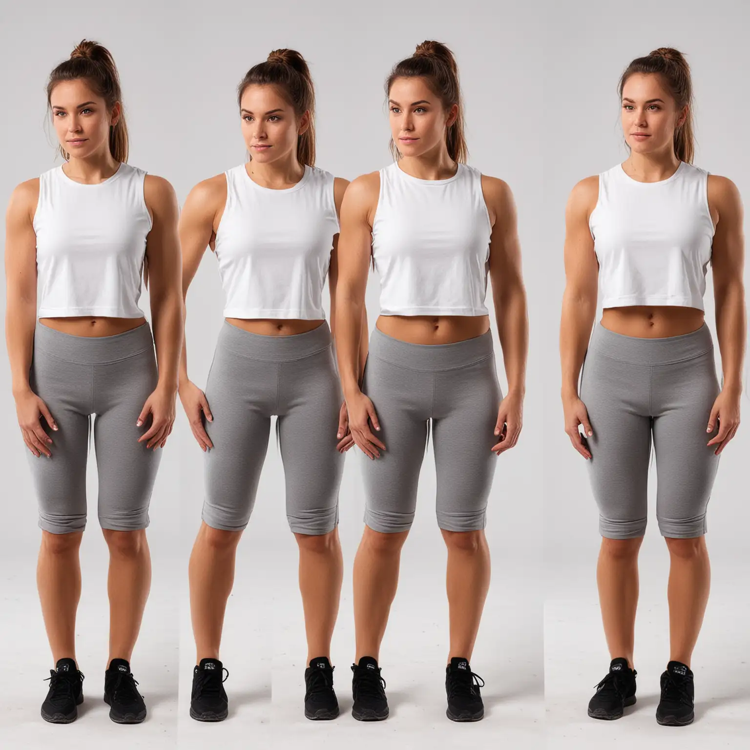 generate image of crossfit  women wearing loose fit white crew neck crop cotton sleveless tshirt from 4 angles sides are loose fit