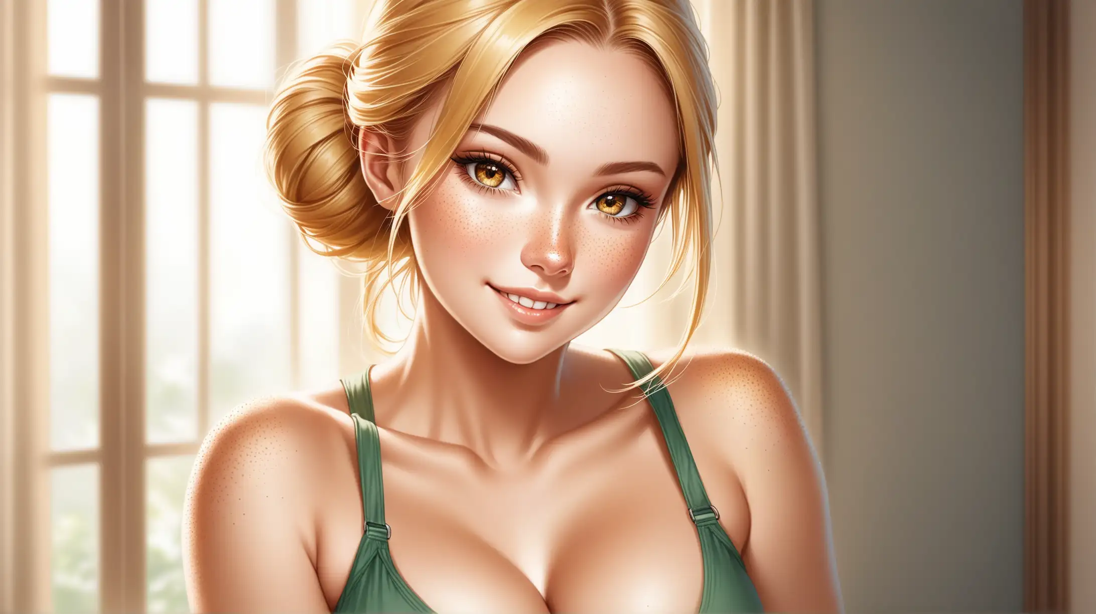 Draw a woman, long blonde hair in a bun, gold eyes, freckles, perky body, high quality, realistic, upper body shot, indoors, natural lighting, casual outfit, seductive pose, cleavage, smiling toward the viewer