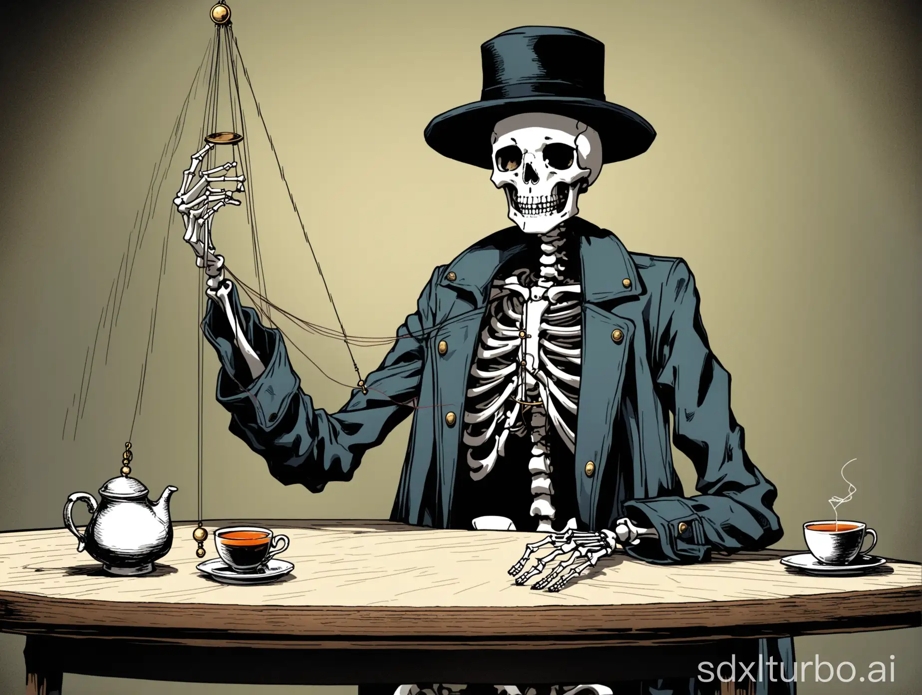 a skeleton comic character from front that sits on a table and holds a tea thread in his right hand like a pendulum. the skeleton is dressed in a coat and wears a hat.