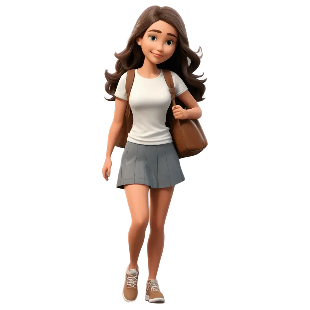 cartoon realistic girl walking towards the left in a skirt and t-shirt with a bag 