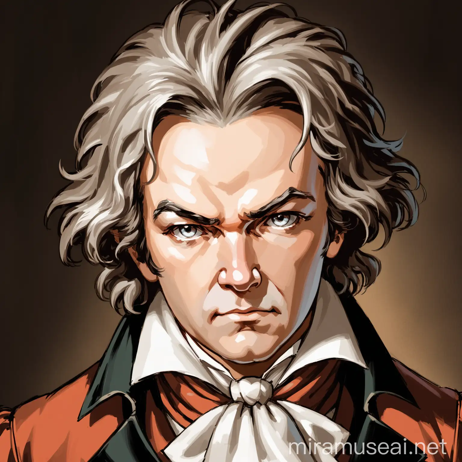 a frontal picture of Ludwig van Beethoven looking at the camera,Feature a captivating frontal portrait of Ludwig van Beethoven making direct eye contact with the camera.