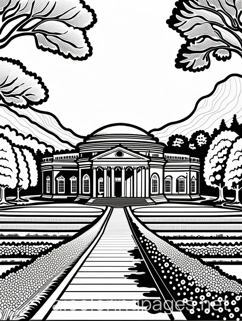 Thomas Jefferson's Monticello, Coloring Page, black and white, line art, white background, Simplicity, Ample White Space. The background of the coloring page is plain white to make it easy for young children to color within the lines. The outlines of all the subjects are easy to distinguish, making it simple for kids to color without too much difficulty