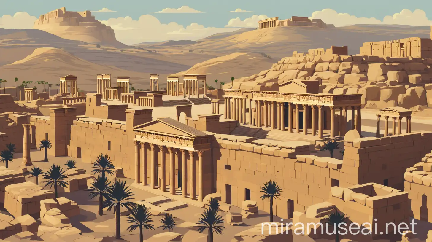 Mixed style of flat vector art, cartoon art, cinematic and travel poster recreation of the ancient city of Palmyra with recreation of the temple of Bel in original state and blue sky.