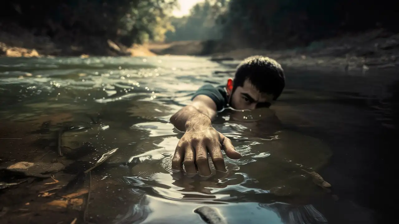 A young man is drowning in the river and only his hand is visible
