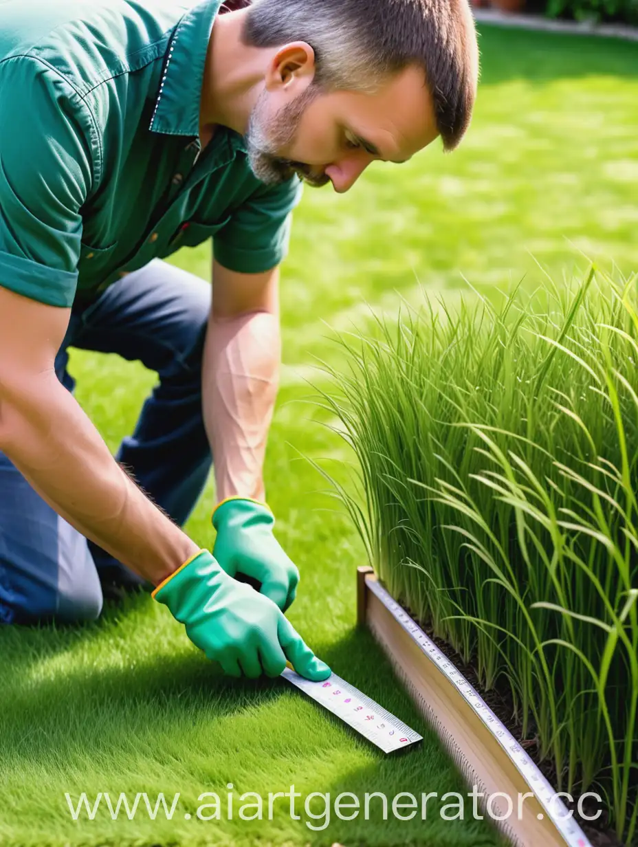 the gardener measures the height of the trimmed short grass with a ruler