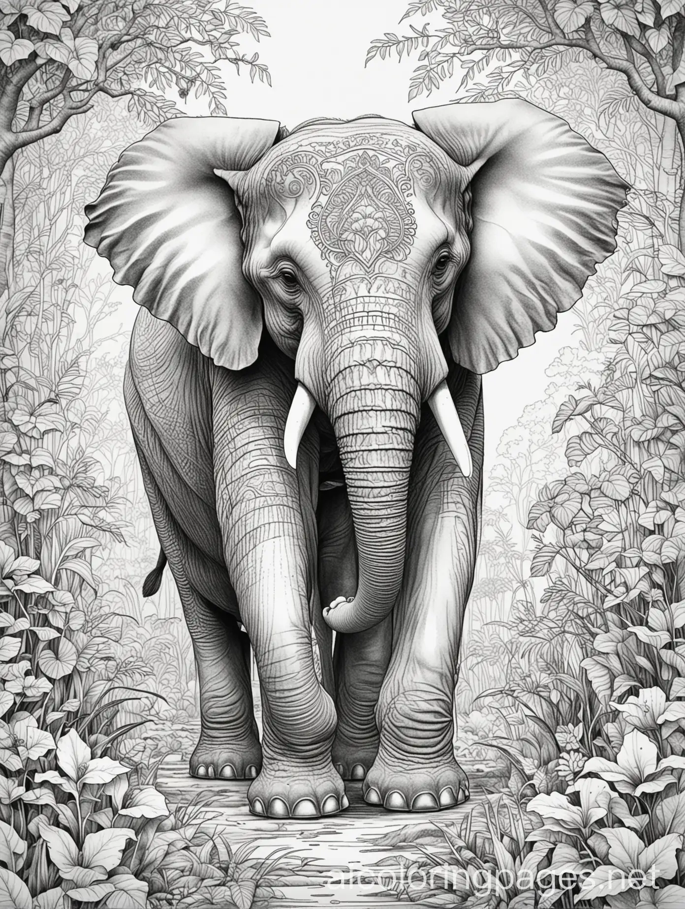 line work, coloring book, majestic elephants, jungle fantasy, intricate, complex, no shading, zen, black and white, thick outlines, white background, black ink tattoo design, Coloring Page, black and white, line art, white background, Simplicity, Ample White Space. The background of the coloring page is plain white to make it easy for young children to color within the lines. The outlines of all the subjects are easy to distinguish, making it simple for kids to color without too much difficulty