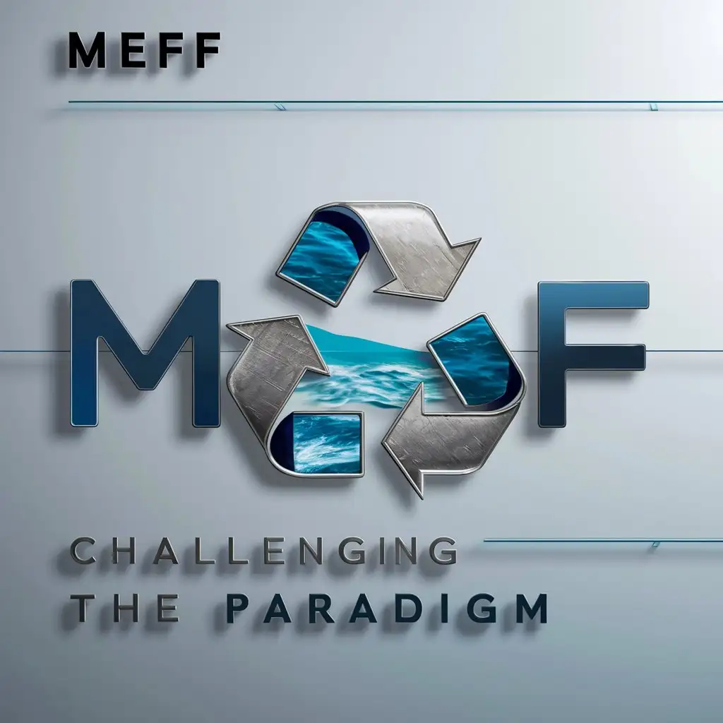 a logo design,with the text "MEFF challenging the paradigm", main symbol:Recycling, Steel, Ocean

,Moderate,clear background