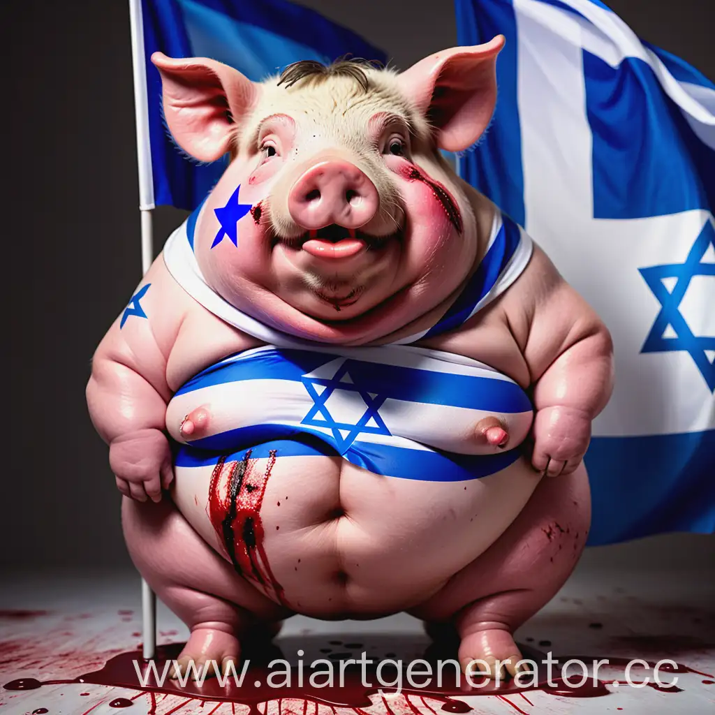 Жирный Свинья с флагом Израиль на груди Сидит на кровью