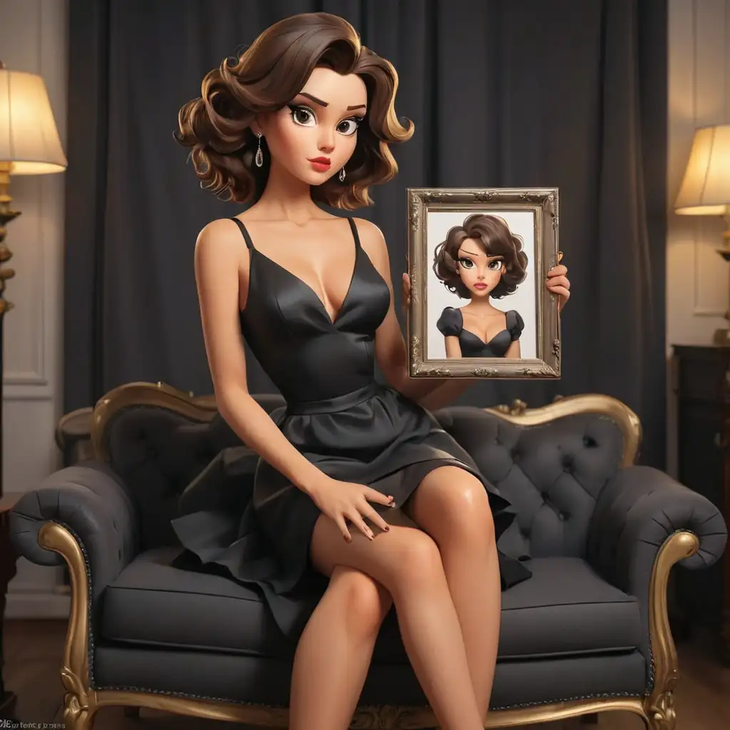 в полный рост мультяшная сексуальная пафосная женщина держит  в руках рамку с фотографией в черном открытом коротком платье сидит на диване держит  в руках рамку в полный рост в каблуках со стрижкой по плечо