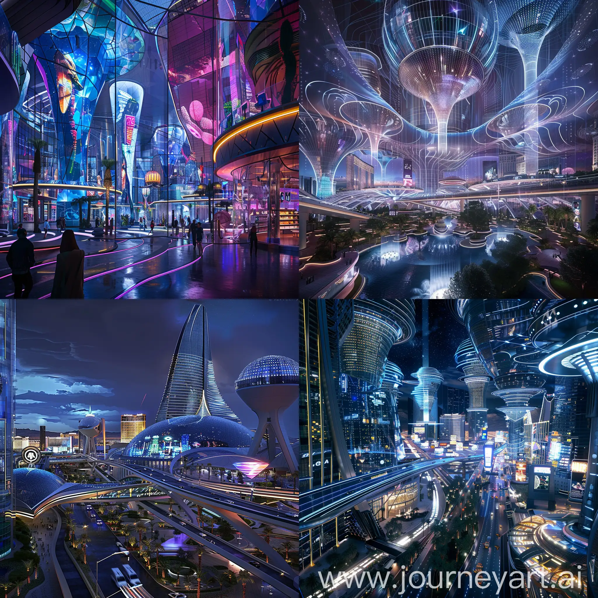 Sci-Fi Las Vegas, Advanced Science And Technology, Smart Glass Skins, Automated Transport Hubs, AI-Managed Infrastructure, Vertical Gardens, Augmented Reality Entertainment, Water Reclamation Systems, Renewable Energy Casinos, Responsive Environments, High-Tech Security Systems, Waste-to-Energy Plants, Interactive Facades, Energy-Generating Walkways, Drone Light Shows, Atmospheric Water Generators, Solar Canopies, Climate Control Domes, Sky Parks, Dynamic Sculptures, Eco-Friendly Transport Lanes, Architectural Light Beams, In Unreal Engine 5 Style --stylize 1000